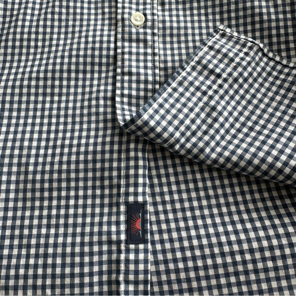 Faherty Navy Blue White Gingham Cotton Blend Button-Down Shirt Casual Work - Picture 8 of 10